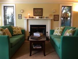 Comfortable "Garden Green" Sofas; Mid-Century Style Cocktail Table; Watercolor by Elliot Daingerfield, 1859-1932, 14x10.