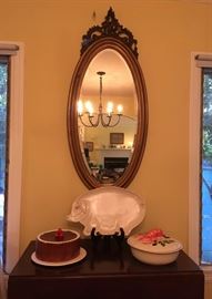 Framed and Beveled Oval Mirror; Smiling Pig Platter; "Lobster Dish", "Chocolate Cake" Dome