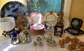 Wall Mount Angel Band; Limoges Box; Chinese Relic; Antique Petit Four Plate Set; Japanese Plates: Delft Cups; Colored Crystal Liqueur glasses on Tray; Two-hands-around-the-planter