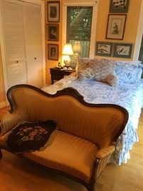 Antique Carved Frame Settee and Silk embroidery fragments in the Old South Bedroom