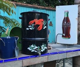Seafood Steamer and Broth Kettle (with Spigot) for a party; Colorful Enamel Buckets to keep the drinks cold; Vintage Enamel "Coke" Table top