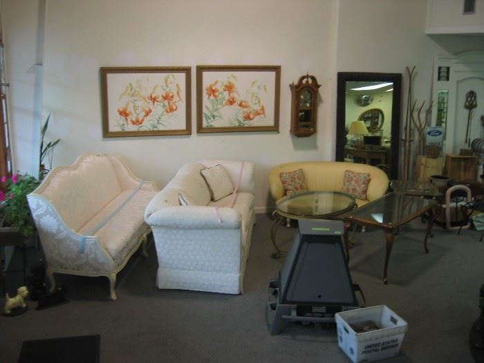 Sofas, love seats, outdoor Weber fire pit, coffee tables, large mirror, etc.