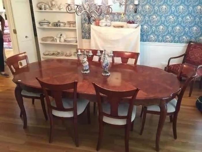 Stickley dining room table 180" x 43" with 2 leaves
Cherry Wood
6 Grange chairs that match beautifully