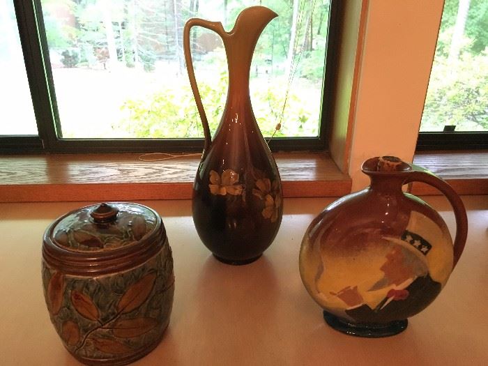 Antique Royal Doulton Lidded Jar, Matt Daly Rookwood Ewer, Royal Doulton Dewers Jug 