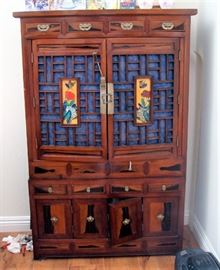 Persimmon wood storage cabinet with hand painted center panels
