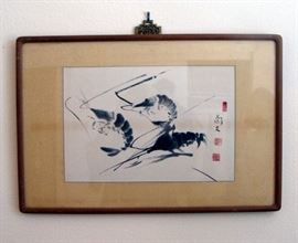 Vintage original watercolor, shrimps swimming, signed, studio seal