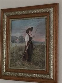 Antique chromolithograph of girl in the field. Frames in antique period frame