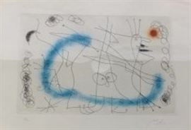 Pencil signed Joan Miro Etching & Aquatint "Striptease in Blue"