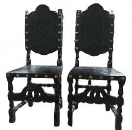 Pair 17th c. Spanish/Portuguese Tooled Leather Chairs #2
