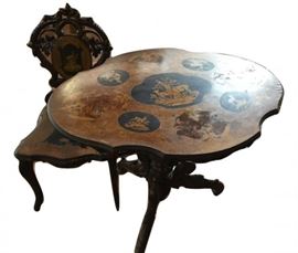 Emil Egger Black Forest Carved & Inlaid Table & Chair