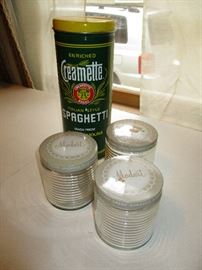 Vintage Modart Creme Shampoo jars & vintage Creamette spaghetti tin