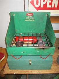Vintage Coleman table top grill with custom wood storage box