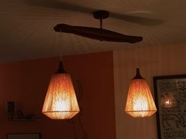Vintage Danish Modern teak & jute light fixture attributed to Fog & Morup.  32 1/2" from the ceiling and 36" wide