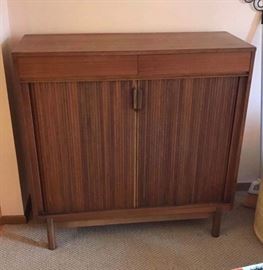 Vintage Mid Century walnut/mahogany tambour door bar cabinet.  Dimensions are 42" wide x 16" deep x 41 3/4" tall