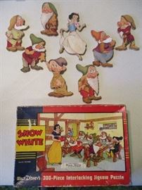 1930's Snow White and the Seven Dwarfs wood figures & original 1930's 300 piece jigsaw puzzle