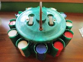 Super cool vintage Turnit Bakelite poker chip caddy with two sets of cards & chips