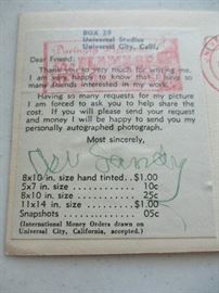 "Baby Sandy" autographed fan postcard