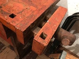 Antique wood working bench with two built in vises 