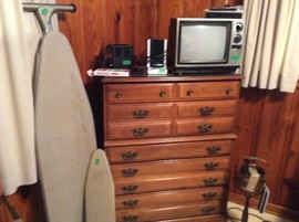 Chest, ironing boards, Small TV, speaker & miscellaneous equipment 