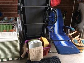 Garage, another view of treadmill, small,plastic containers, lounge chair