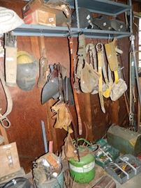 Tool Building - lots of welding helmets, leather tool belts, welding tods & other tools