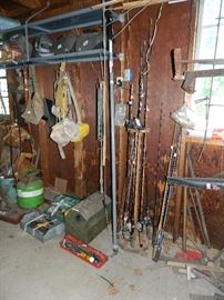 Tool Building - Fishing rods in stand, other fishing equipment