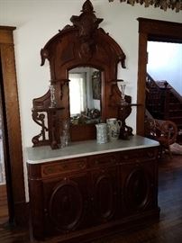 Large selection of antique furniture!! Outstanding ornate Victorian marble-top buffet server with carved wolf head header and fish doors