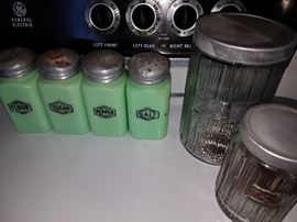 Large selection stoneware, china, pottery, glassware, jars. Kitchen jars and Jadite shakers