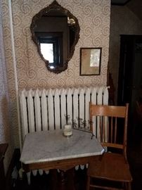Many occasional tables and chairs. Eastlake walnut table w/ marble top