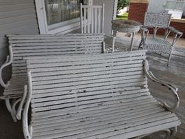 Great vintage outdoor benches, tables and chairs.