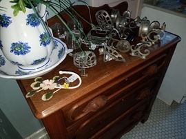 Walnut commode w/ vintage house/bathroom fixtures-soap holders, glass holders
