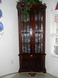 1/4 Glass Door Corner Cabinets- Bueautiful doesn't describe this piece(s).
Made in "INDONESIA".
(2) identicle pieces, can be sold seperately..
