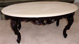 REDUCED - TAKE 25% OFF PRICE SHOWN. Coffee table--oval white marble top over Queen Ann style mahogany base. 43"long, 23" wide. $450 