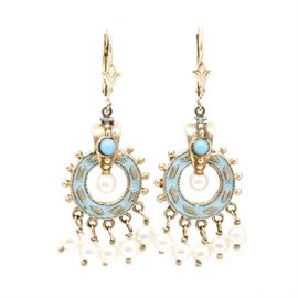 14K Yellow Gold Pearl and Turquoise Glass Earrings: A pair of 14K yellow gold dangling earrings with cultured pearls, turquoise glass, and turquoise enamel. Each earring features a bezel set turquoise glass stone atop a dangling yellow gold wreath with turquoise enamel inlay and dangling cultured pearls.