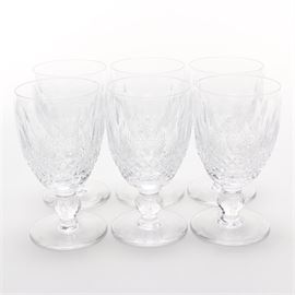 Waterford "Colleen" Claret Wine Glasses: A set of six stemmed crystal Waterford Colleen claret wine glasses. This set of matching glasses a crosshatched hobnail pattern along the base and a ball shaped stem. The underside of each piece is branded with the Waterford mark.