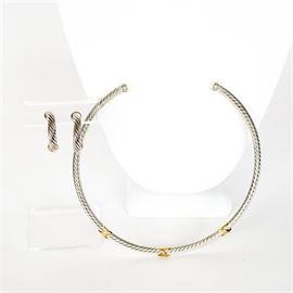 Sterling Silver and 14K Gold Necklace and Earrings: A set of sterling silver and 14K gold necklace and earrings. This set is complete with a sterling silver choker necklace adorned with three gold "X"s. Also included are a pair of sterling silver earrings with gold caps. The necklace and earrings are marked 14K, 925, GARDEN.