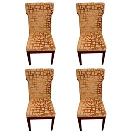 Set of Contemporary Dining Chairs by Charter Furniture Corporation: A set of contemporary dining chairs by Charter Furniture Corporation. This set is complete with four chairs upholstered in a linen and micro-suede patterned fabric. The frame is wooden and there is a maker’s sticker on the bottom.