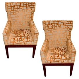 Pair of Contemporary Captain's Chairs by Charter Furniture Corporation: A pair of contemporary captain’s chairs by Charter Furniture Corporation. This set is complete with four chairs upholstered in a linen and micro-suede patterned fabric. The frame is wooden and there is a maker’s sticker on the bottom.