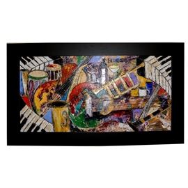 Original Oil Painting by K.W. Henderson: An original oil painting by K.W. Henderson. This is an oil painting depicting a jazz bar with cubist style instruments and bar scenes. It is signed in the corner K.W. Henderson 2009. The frame is black and wooden.
