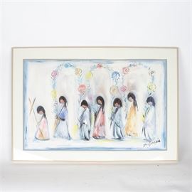 Original Painting by Ettore DeGrazia: An original painting by Ettore DeGrazia. This painting depicts seven Native American women walking in front of three floral arches. It is signed in the bottom corner. The frame is metal with a glass case.