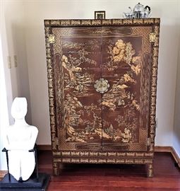 Beautiful Oriental Furniture Bar Cabinet With Wine Storage.  When Opened Cabinet Lights Up.