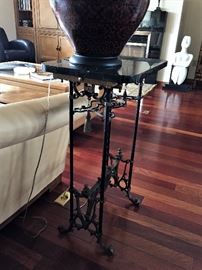 Beautiful Victorian Ornate Wrought  Iron & Brass   Plant Stand /Table with metal hanging tassels and Black Marble Top.