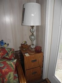 Metal file cabinet, lamp, miscellaneous