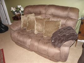 Micro suede double recliner loveseat, pillows, furry blanket
