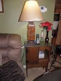 Interesting pine table, lamp, etc