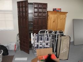 Two armoires, folding chairs, double chair