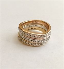 BGE stack rings, sterling silver with yellow and rose gold plating and diamond chips 