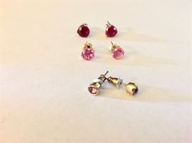 Simulated rubies in sterling setting post earrings, Pink Ice post earrings in 14K gold setting, amethysts in 10K gold setting (posts are sterling)