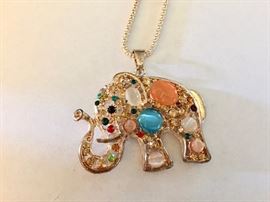 Jeweled fashion elephant pendant with long chain