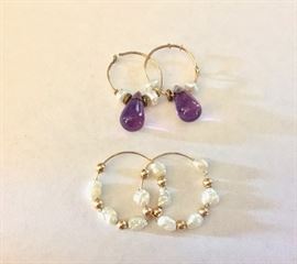 Purple teardrop art-glass beaded earrings with freshwater pearls on 10K hoops and seed-pearl and 10K hollow beads on 10K hoops